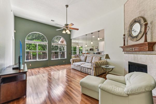 Fireplace, Interior, Kitchen, Living room, Pendant Lights, Wood Texture Flooring