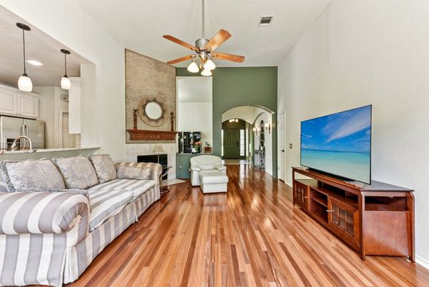 Fireplace, Interior, Kitchen, Living room, Pendant Lights, Recessed Lighting, Wood Texture Flooring
