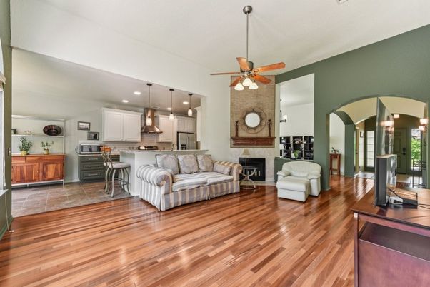 Fireplace, Interior, Kitchen, Living room, Pendant Lights, Recessed Lighting, Wood Texture Flooring