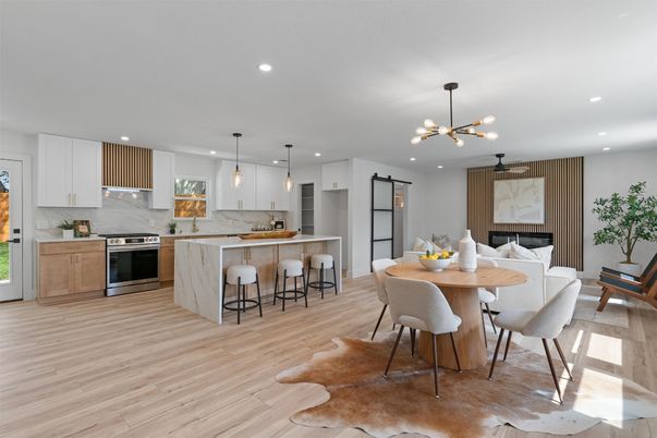 Dining room, Interior, Kitchen, Pendant Lights, Recessed Lighting, Stainless Steel Appliances, Wood Texture Flooring