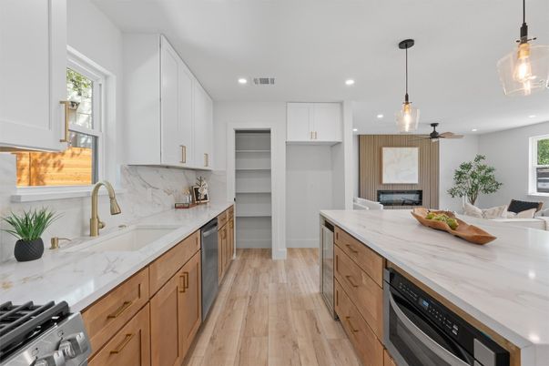 Interior, Kitchen, Pendant Lights, Recessed Lighting, Stainless Steel Appliances, Wood Texture Flooring