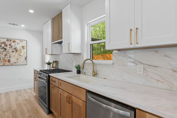 Interior, Kitchen, Marble Walls, Recessed Lighting, Wood Texture Flooring
