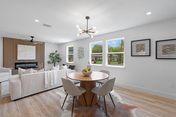 Dining room, Interior, Living room, Pendant Lights, Recessed Lighting, Wood Texture Flooring