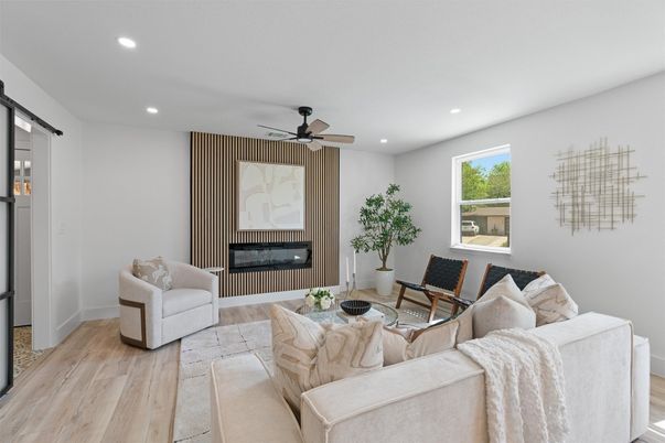 Fireplace, Interior, Living room, Recessed Lighting, Wood Texture Flooring
