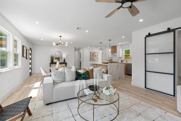 Dining room, Interior, Kitchen, Living room, Pendant Lights, Recessed Lighting, Wood Texture Flooring
