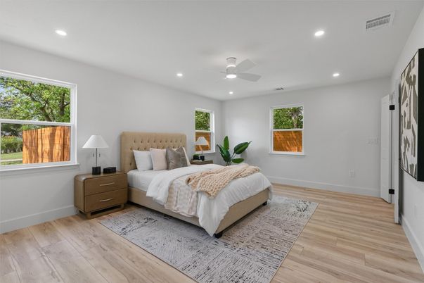 Bedroom, Interior, Recessed Lighting, Wood Texture Flooring