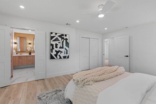 Bathroom, Bedroom, Interior, Marble, Recessed Lighting, Wood Texture Flooring
