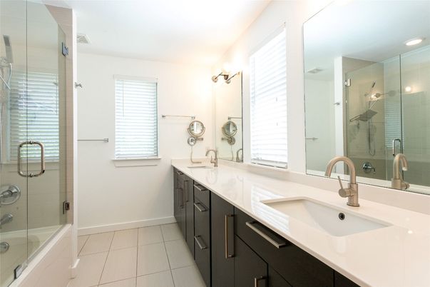 Bathroom, Dual Sink Vanities, Glass Shower, Interior, Recessed Lighting