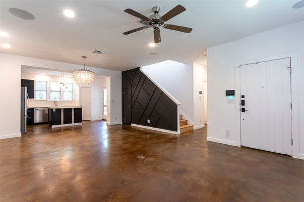 Chandelier, Empty room, Interior, Kitchen, Recessed Lighting, Wood Texture Flooring