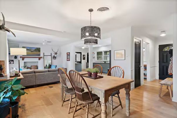 Chandelier, Dining room, Fireplace, Interior, Living room, Wood Texture Flooring