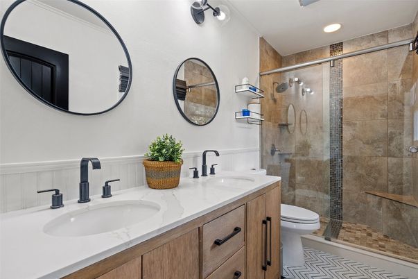 Bathroom, Dual Sink Vanities, Glass Shower, Interior, Recessed Lighting