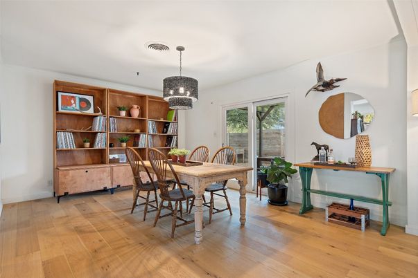 Dining room, Interior, Pendant Lights, Wood Texture Flooring