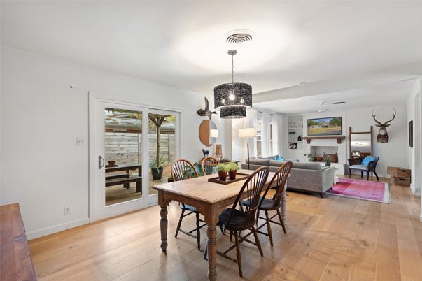 Dining room, Fireplace, Interior, Living room, Wood Texture Flooring