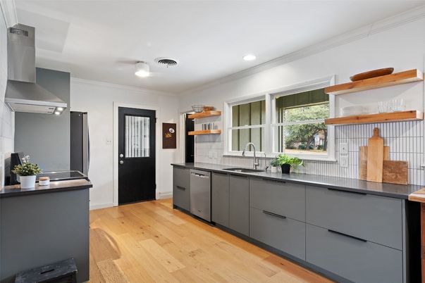 Interior, Kitchen, Recessed Lighting, Wood Texture Flooring