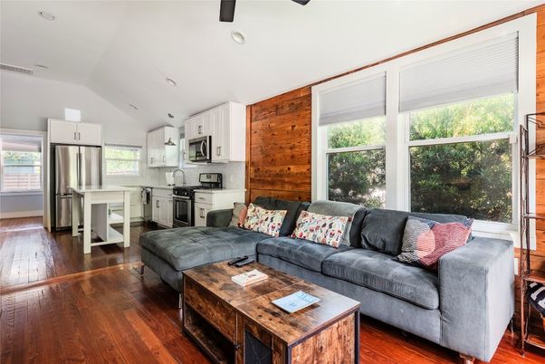 Interior, Kitchen, Living room, Recessed Lighting, Stainless Steel Appliances, Wood Texture Flooring