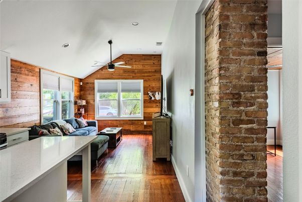 Fireplace, Interior, Recessed Lighting, Stone Walls, Wood Texture Flooring, Wooden Walls