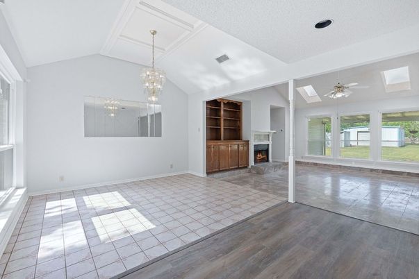 Chandelier, Empty room, Fireplace, Interior, Wood Texture Flooring