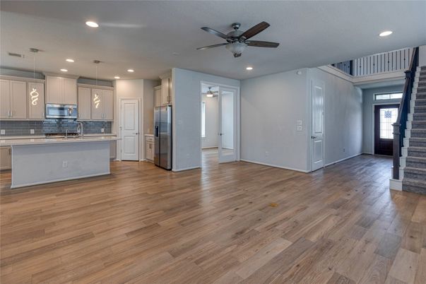Empty room, Interior, Kitchen, Pendant Lights, Recessed Lighting, Wood Texture Flooring