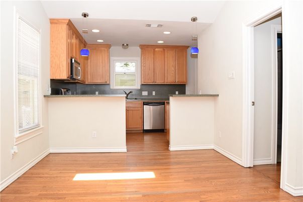 Interior, Kitchen, Pendant Lights, Recessed Lighting, Wood Texture Flooring