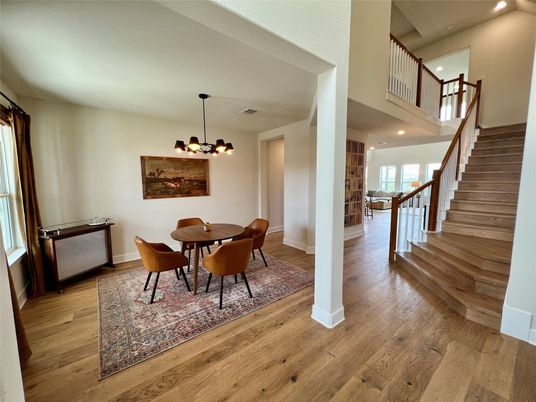 Dining room, Interior, Pendant Lights, Recessed Lighting, Wood Texture Flooring