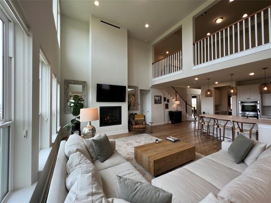 Dining room, Fireplace, Interior, Kitchen, Living room, Pendant Lights, Recessed Lighting, Wood Texture Flooring