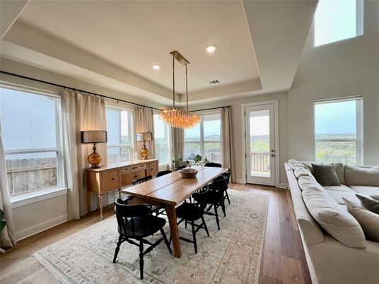 Chandelier, Dining room, Interior, Living room, Recessed Lighting, Wood Texture Flooring