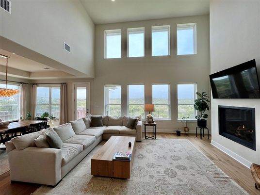 Dining room, Fireplace, Interior, Living room, Pendant Lights, Wood Texture Flooring