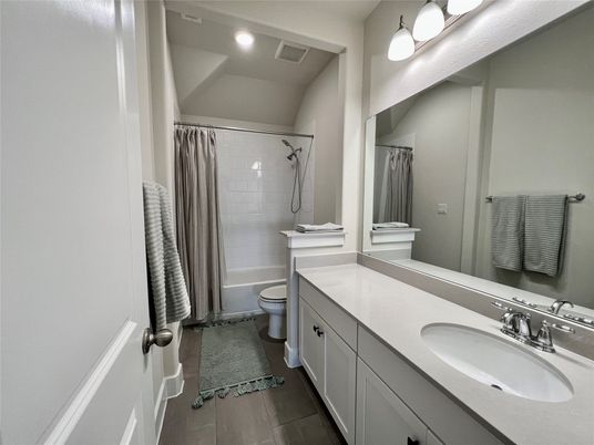 Bathroom, Dual Sink Vanities, Interior, Recessed Lighting, Wood Texture Flooring
