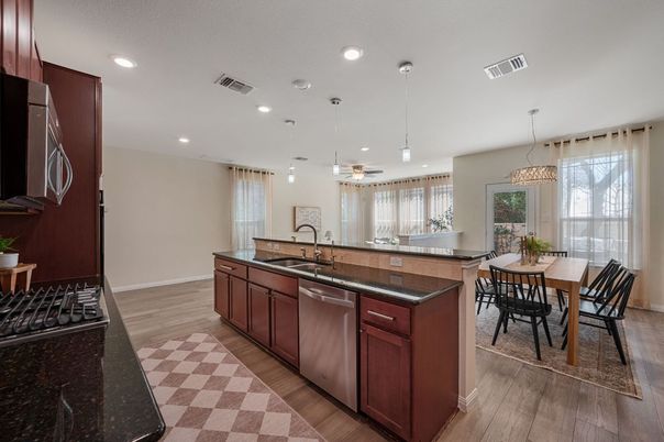Dining room, Interior, Kitchen, Pendant Lights, Recessed Lighting, Wood Texture Flooring