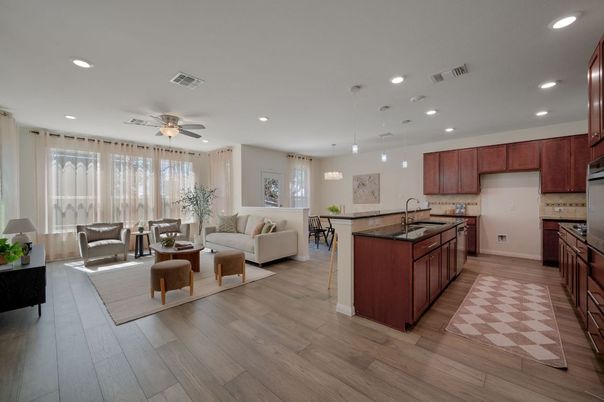Interior, Kitchen, Living room, Pendant Lights, Recessed Lighting, Wood Texture Flooring