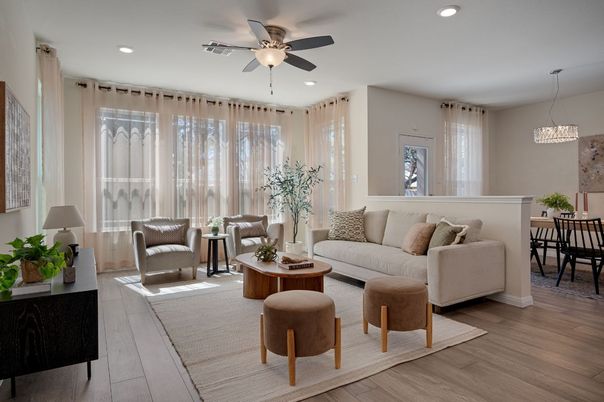 Dining room, Interior, Living room, Pendant Lights, Recessed Lighting, Wood Texture Flooring
