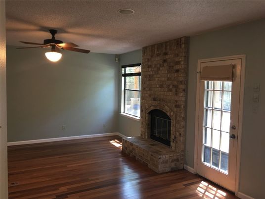 Empty room, Fireplace, Interior, Stone Walls, Wood Texture Flooring