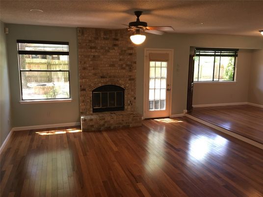 Empty room, Fireplace, Interior, Stone Walls, Wood Texture Flooring