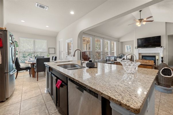Dining room, Fireplace, Interior, Kitchen, Recessed Lighting
