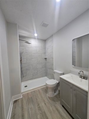 Bathroom, Interior, Marble Walls, Recessed Lighting, Wood Texture Flooring