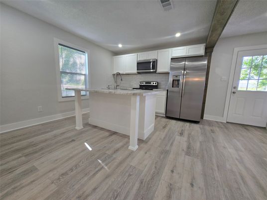 Interior, Kitchen, Recessed Lighting, Stainless Steel Appliances, Wood Texture Flooring