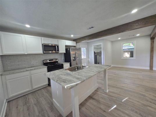 Interior, Kitchen, Recessed Lighting, Stainless Steel Appliances, Wood Texture Flooring