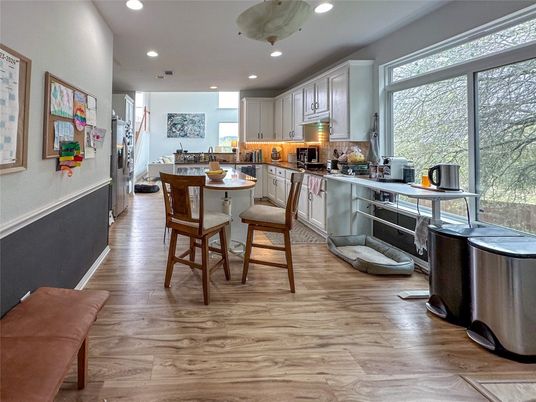 Dining room, Interior, Kitchen, Recessed Lighting, Wood Texture Flooring