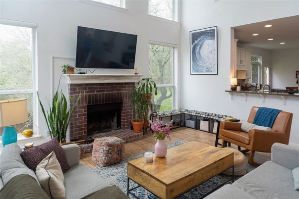 Fireplace, Interior, Living room, Recessed Lighting, Wood Texture Flooring