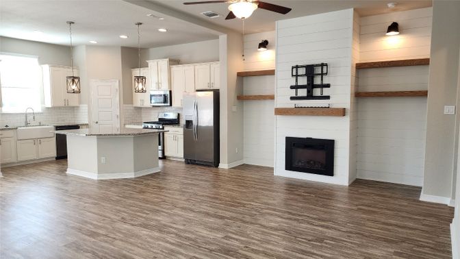 Fireplace, Interior, Kitchen, Pendant Lights, Recessed Lighting, Wood Texture Flooring