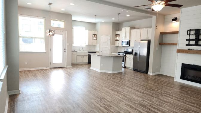 Fireplace, Interior, Kitchen, Pendant Lights, Recessed Lighting, Stainless Steel Appliances, Wood Texture Flooring