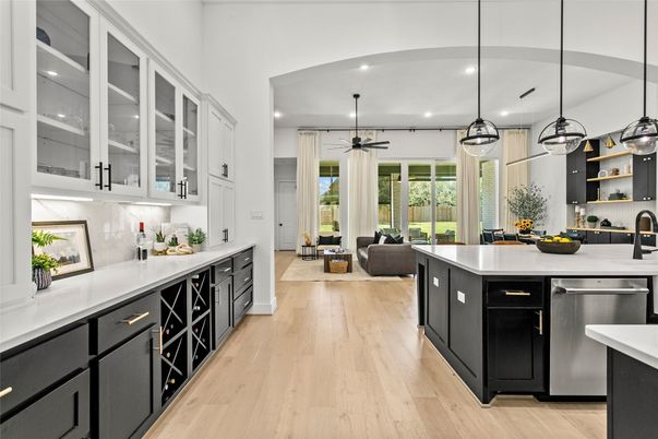 Interior, Kitchen, Living room, Pendant Lights, Recessed Lighting, Wood Texture Flooring