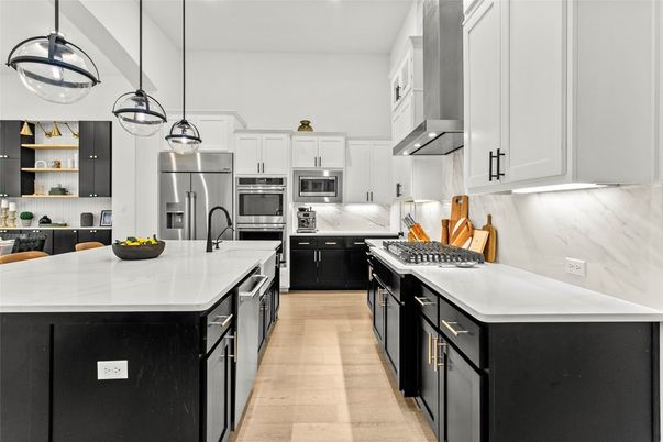 Interior, Kitchen, Pendant Lights, Stainless Steel Appliances, Wood Texture Flooring