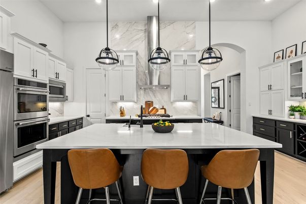 Interior, Kitchen, Marble Walls, Pendant Lights, Recessed Lighting, Stainless Steel Appliances, Wood Texture Flooring
