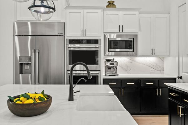 Interior, Kitchen, Marble Walls, Stainless Steel Appliances, Wood Texture Flooring