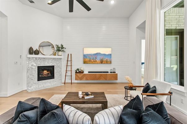 Fireplace, Interior, Living room, Recessed Lighting, Wood Texture Flooring