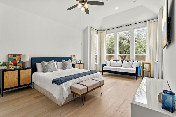 Bedroom, Interior, Recessed Lighting, Water, Wood Texture Flooring