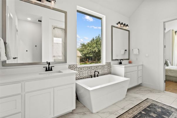 Bathroom, Dual Sink Vanities, Free Standing Baths, Interior, Marble, Recessed Lighting