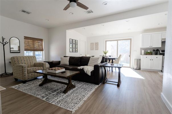 Dining room, Interior, Kitchen, Living room, Recessed Lighting, Wood Texture Flooring