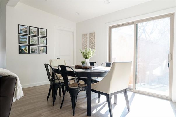 Dining room, Interior, Recessed Lighting, Wood Texture Flooring